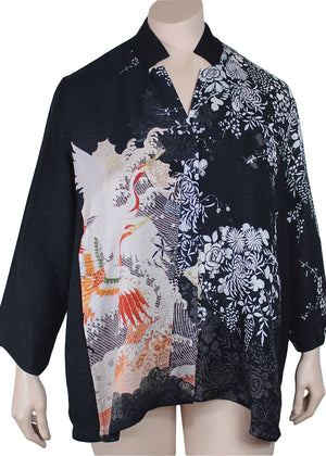 Dressori Plus Size Silk Mandarin Collar Swing Blouse