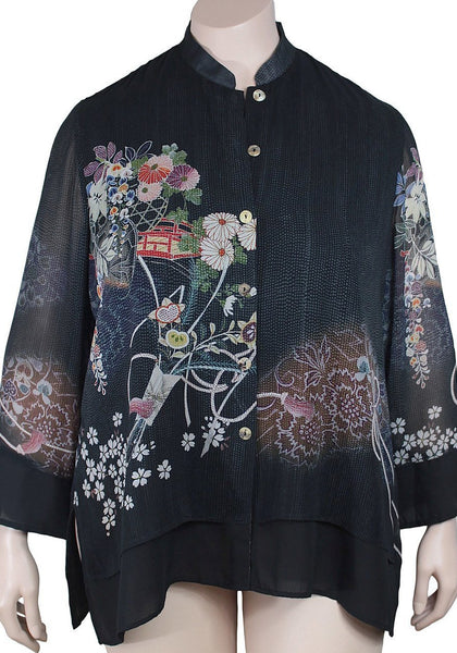 Citron Plus Size Silk Mandarin Collar Blouse