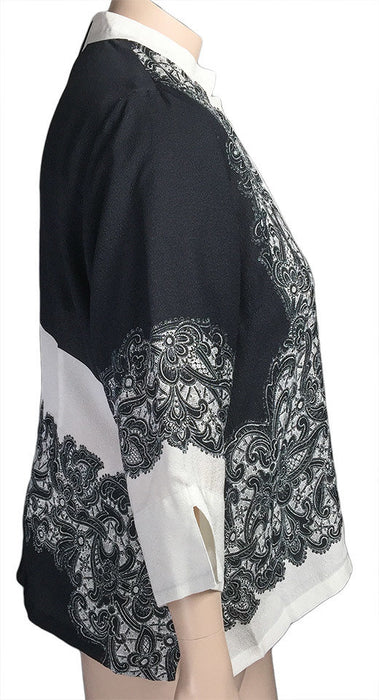 Dressori Black and White Silk Print Blouse